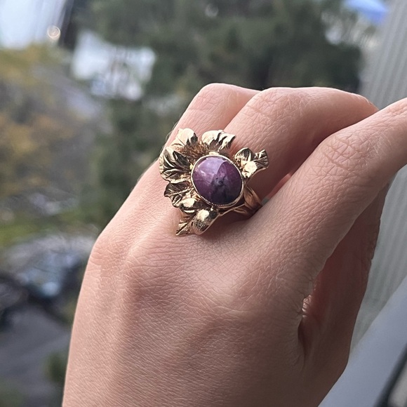 ANTIQUE 14K YELLOW GOLD MASSIVE RING "FLOWER" with "RED STAR"-RUBY, ART NOUVEAU - Picture 4 of 12